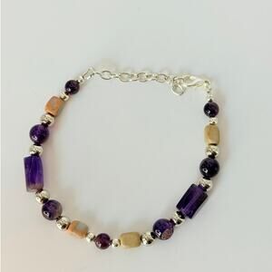 Amethyst bracelet with Silver and Nuetra tone stone beads adjustable